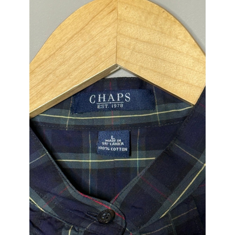 Chaps Navy Blue‎ Green Plaid Ruffle Front Band Collar Button Down Shirt Large - Picture 8 of 8